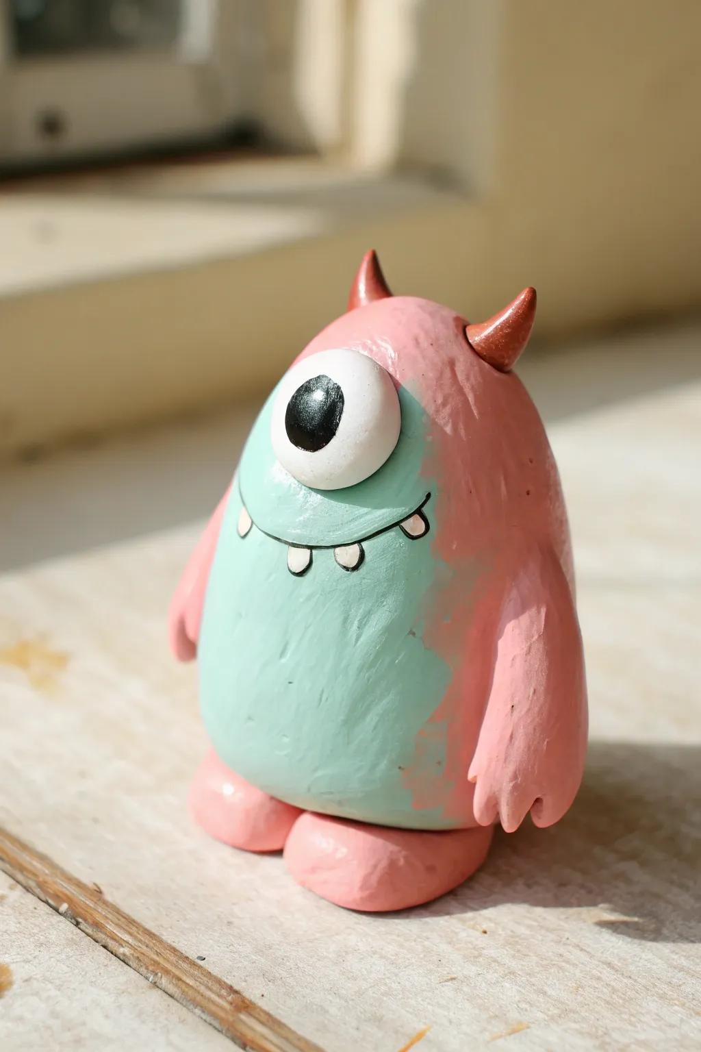 Classic one-eyed blob monster in pastel clay, bold and chunky, cute and beginner-friendly.