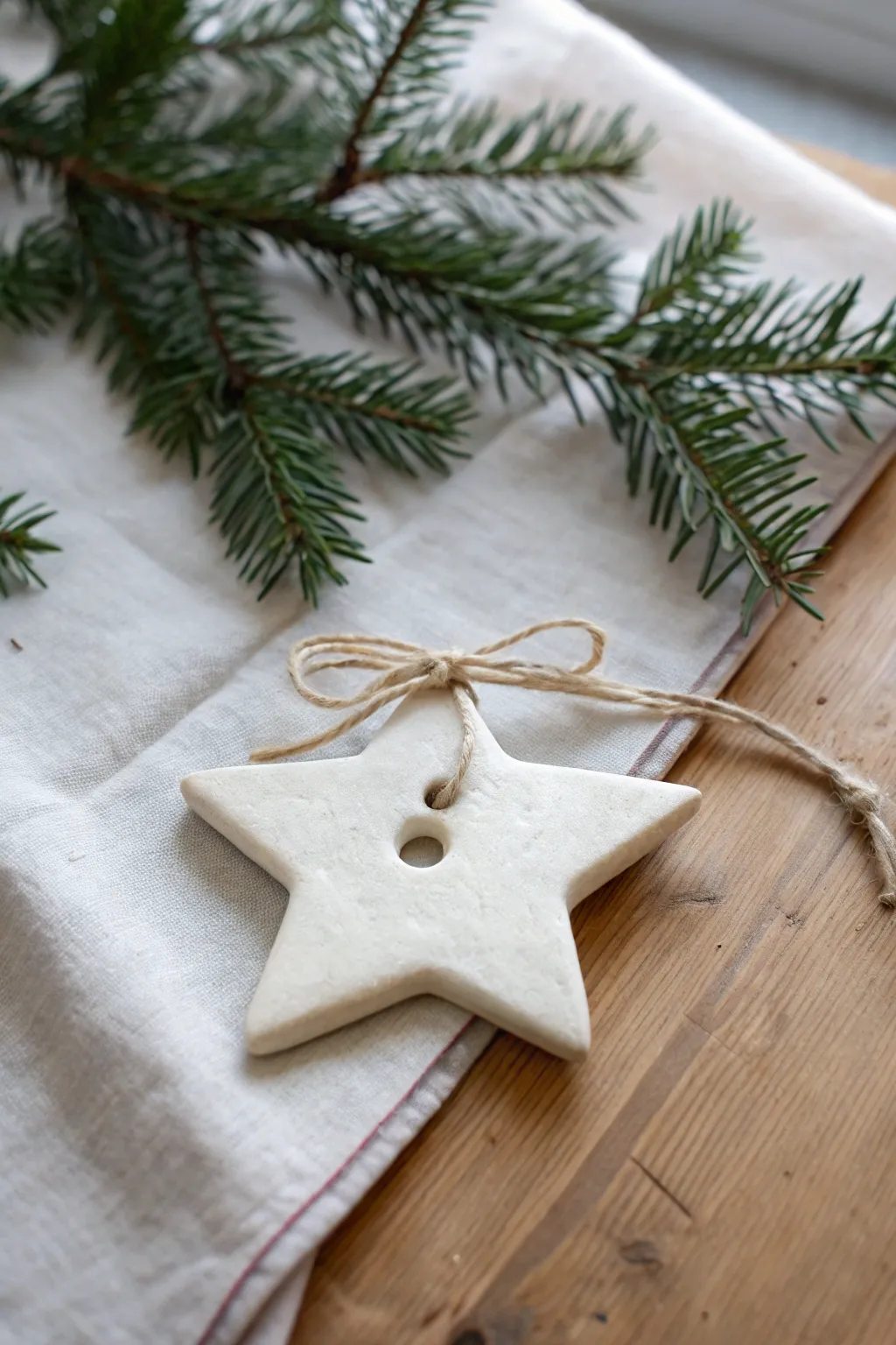 Creamy white clay star with twine bow nestled in pine branches, simple and festive