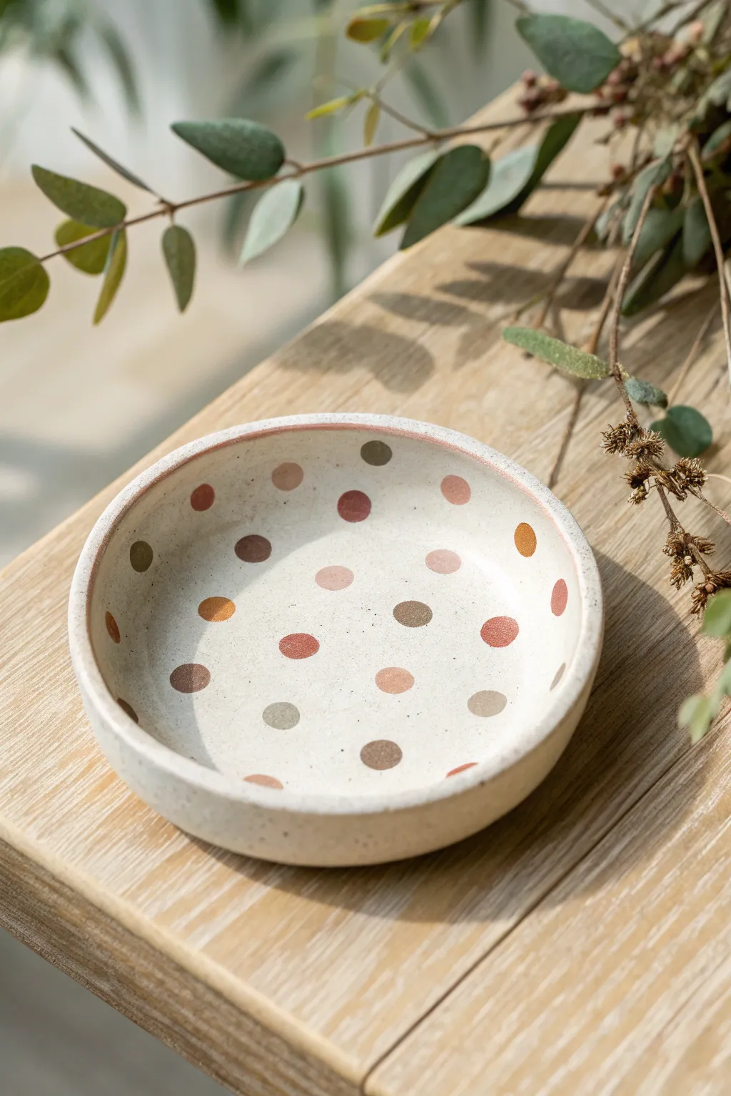 Classic polka dot trinket dish in soft earthy tones—simple, cheerful, and easy to recreate.
