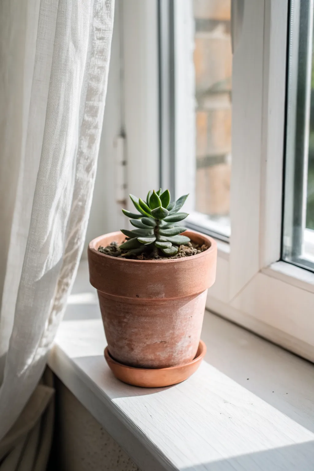 A classic painted terra cotta pot with a tiny succulent, bright windowsill styling and airy minimal vibes.
