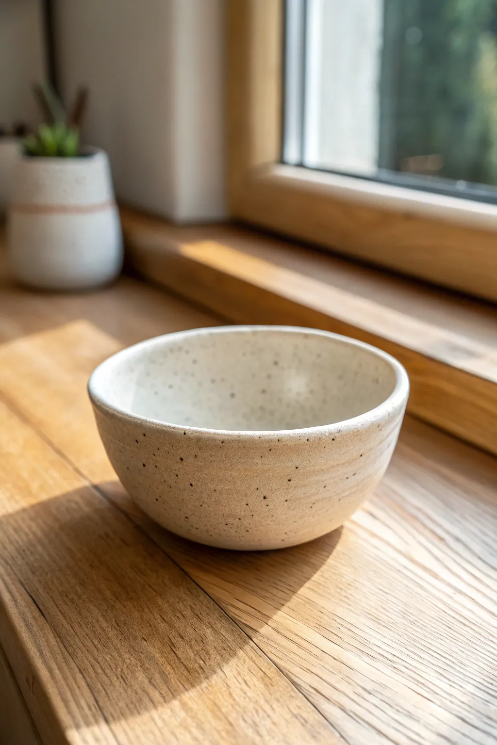 Minimal speckled pinch pot snack bowl on warm wood, simple, handmade, and softly Scandinavian.