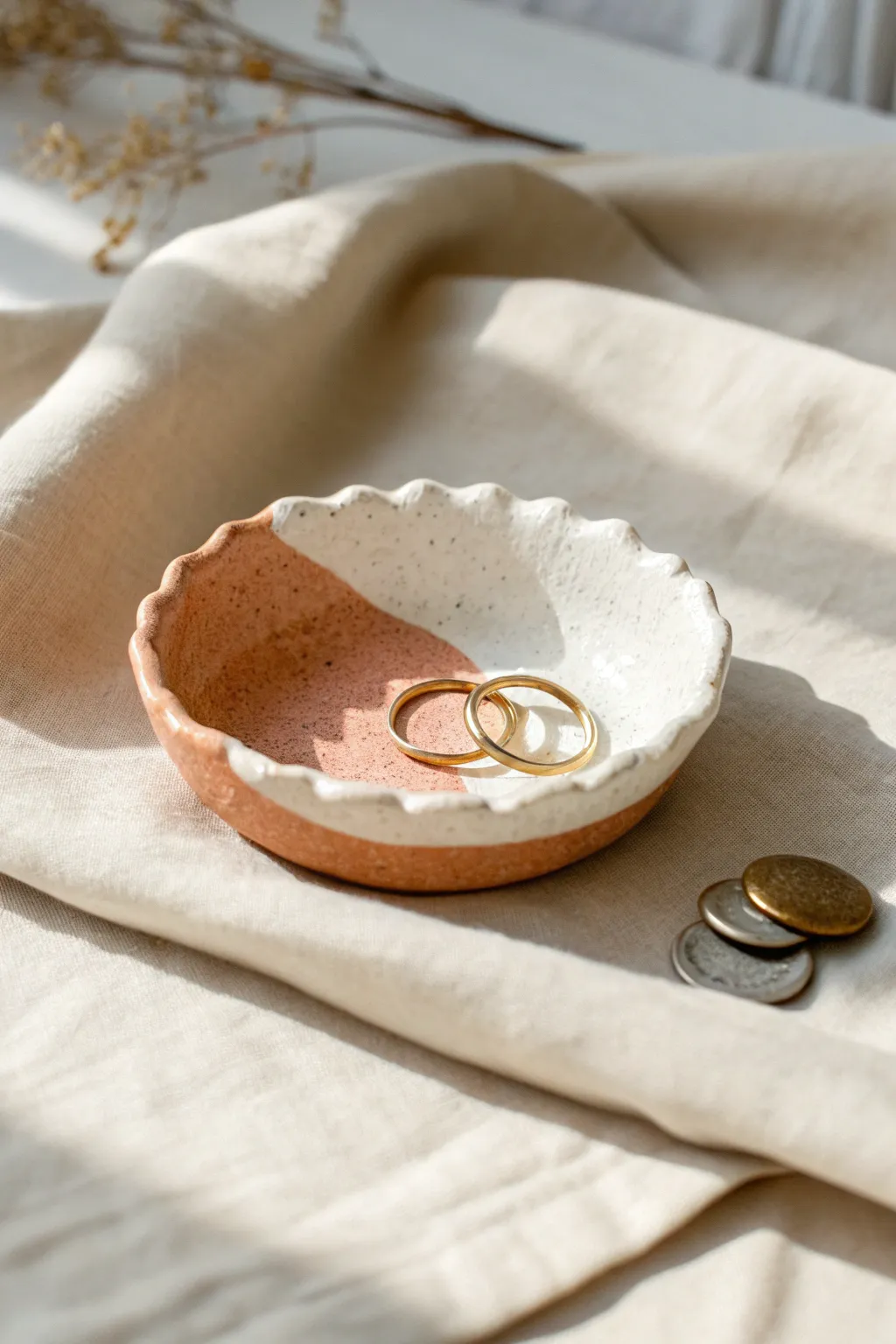 Minimal two-tone pinch pot trinket dish with ruffled rim, perfect for rings and loose change