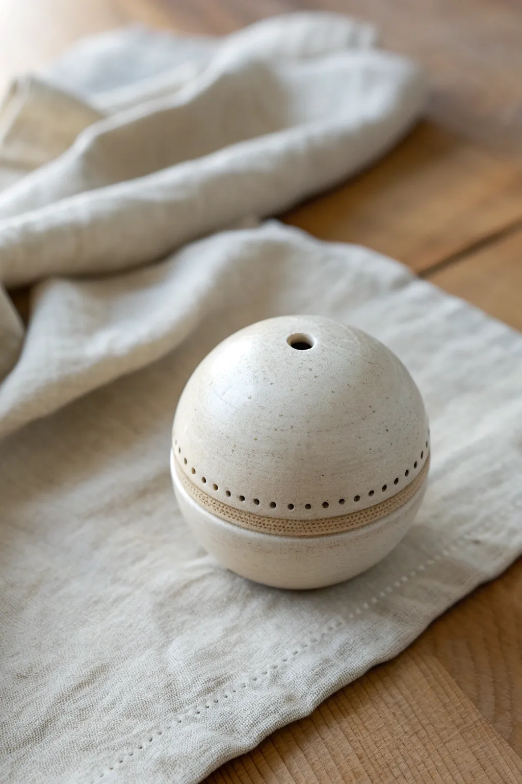 Classic pinch-pot rattle ball with a clean seam and tiny air hole, minimal matte finish