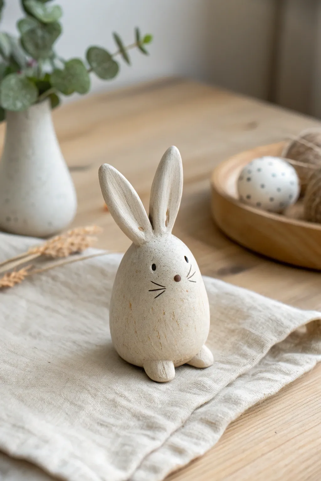 Tiny pinch-pot bunny figurine in smooth natural clay, minimalist and cozy with soft neutral styling
