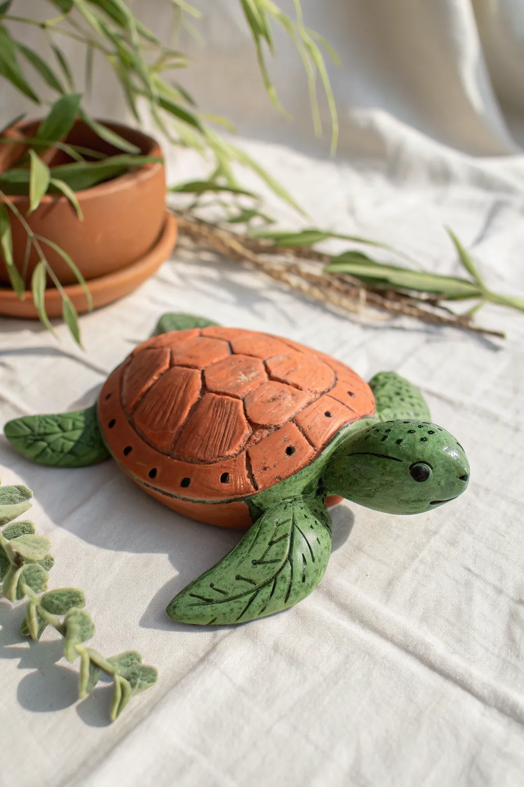 Simple clay turtle with a patterned shell, bright and playful, perfect kid friendly sculpture idea