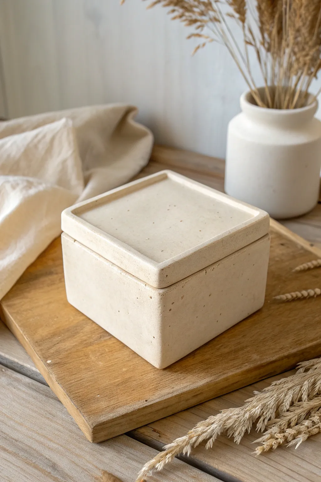 Classic square slab box with a flat offset lid, minimalist and handmade in soft neutral clay.