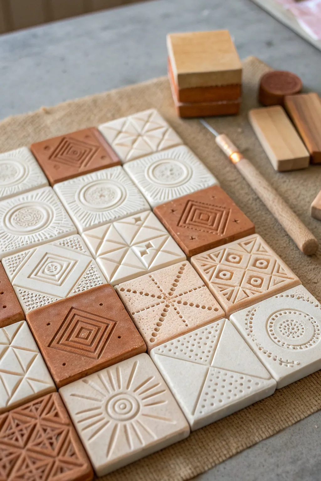 Minimal clay tiles with crisp triangle, circle, and square stamps for easy geometric patterns