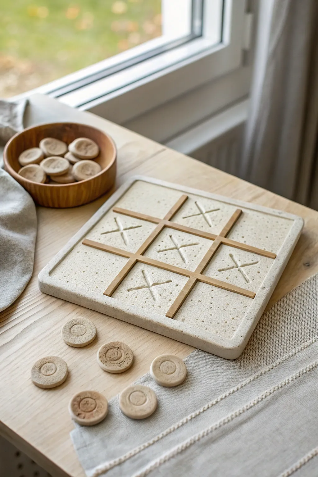 Neutral slab tic tac toe board with coil grid and simple pieces, minimalist boho charm