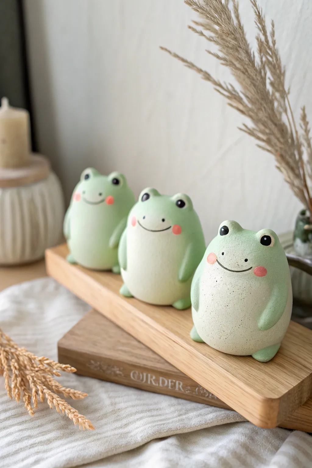 Make chibi frog figurines in pastel green for a sweet, minimalist shelf accent at home
