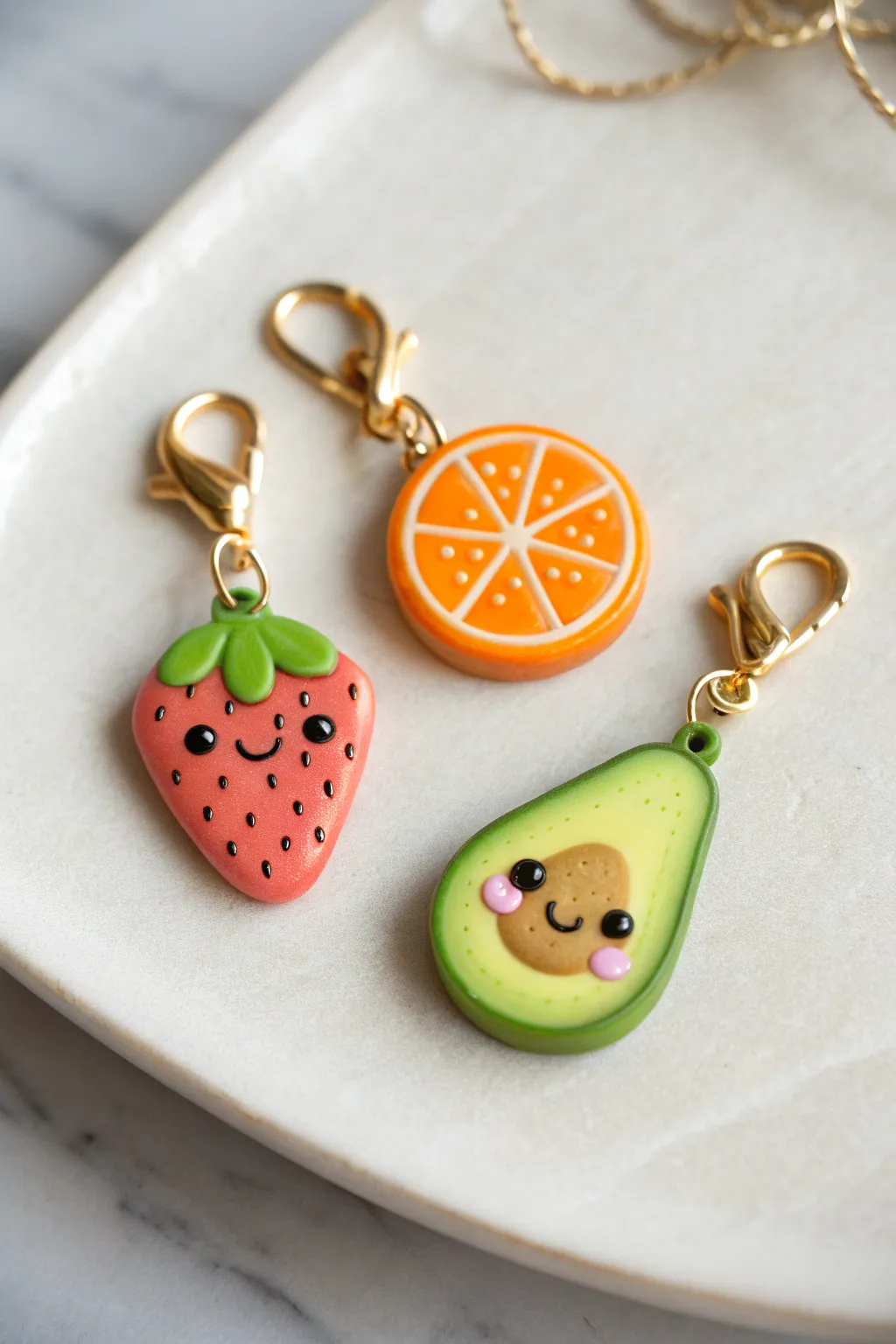 Three smiling clay fruit mini charms in bright colors on a clean minimal backdrop.