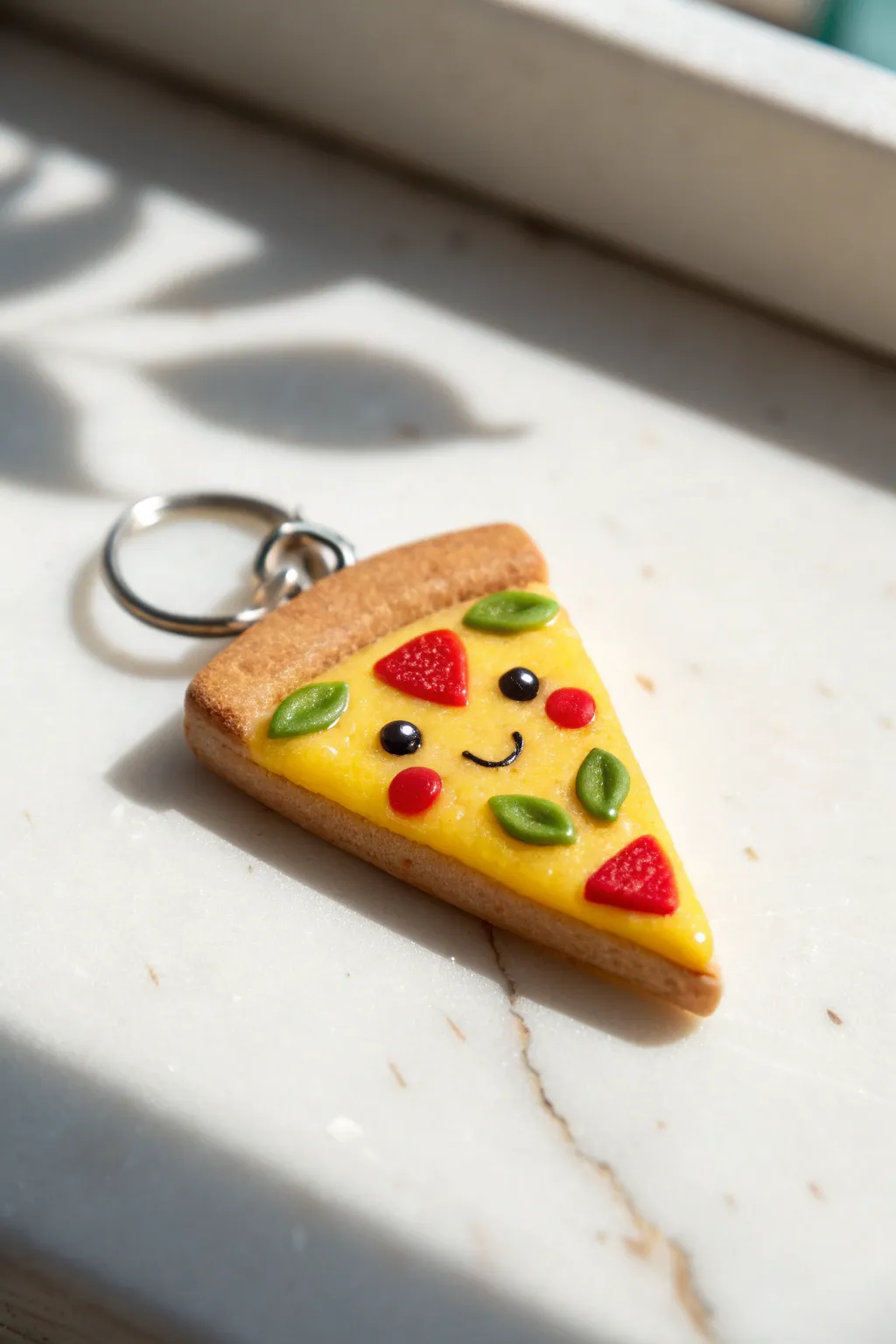 Mini pizza slice clay charm with a sweet smile, styled simply for easy DIY inspiration.
