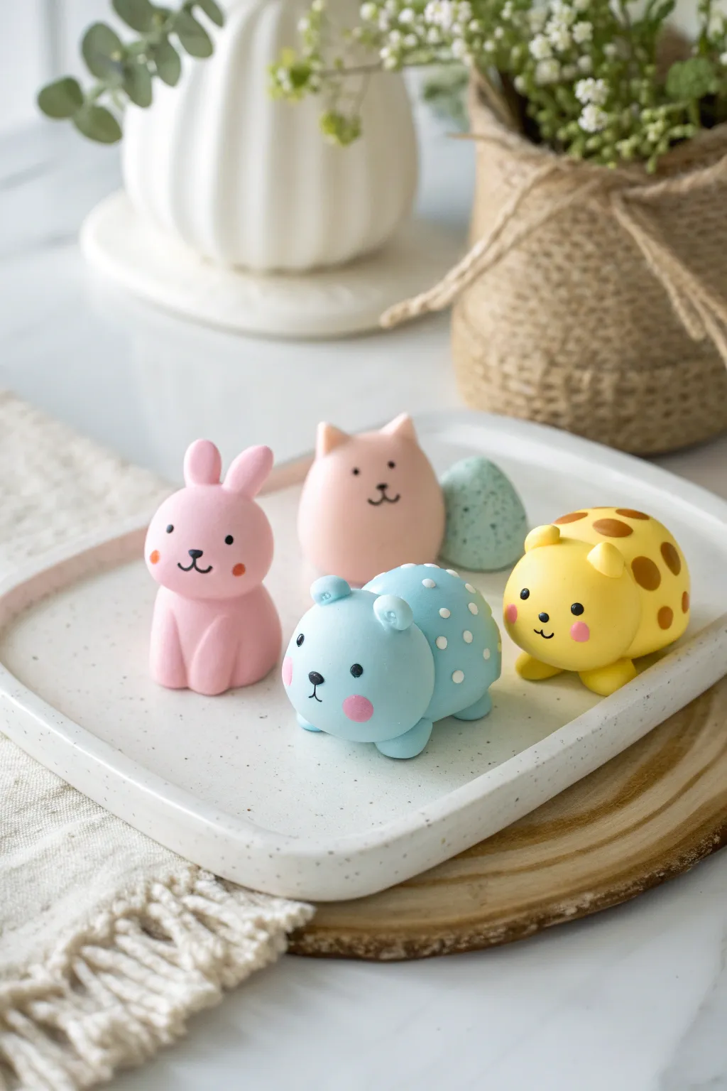 Tiny clay animal friends in cheerful colors, an easy kid-friendly project that looks adorable