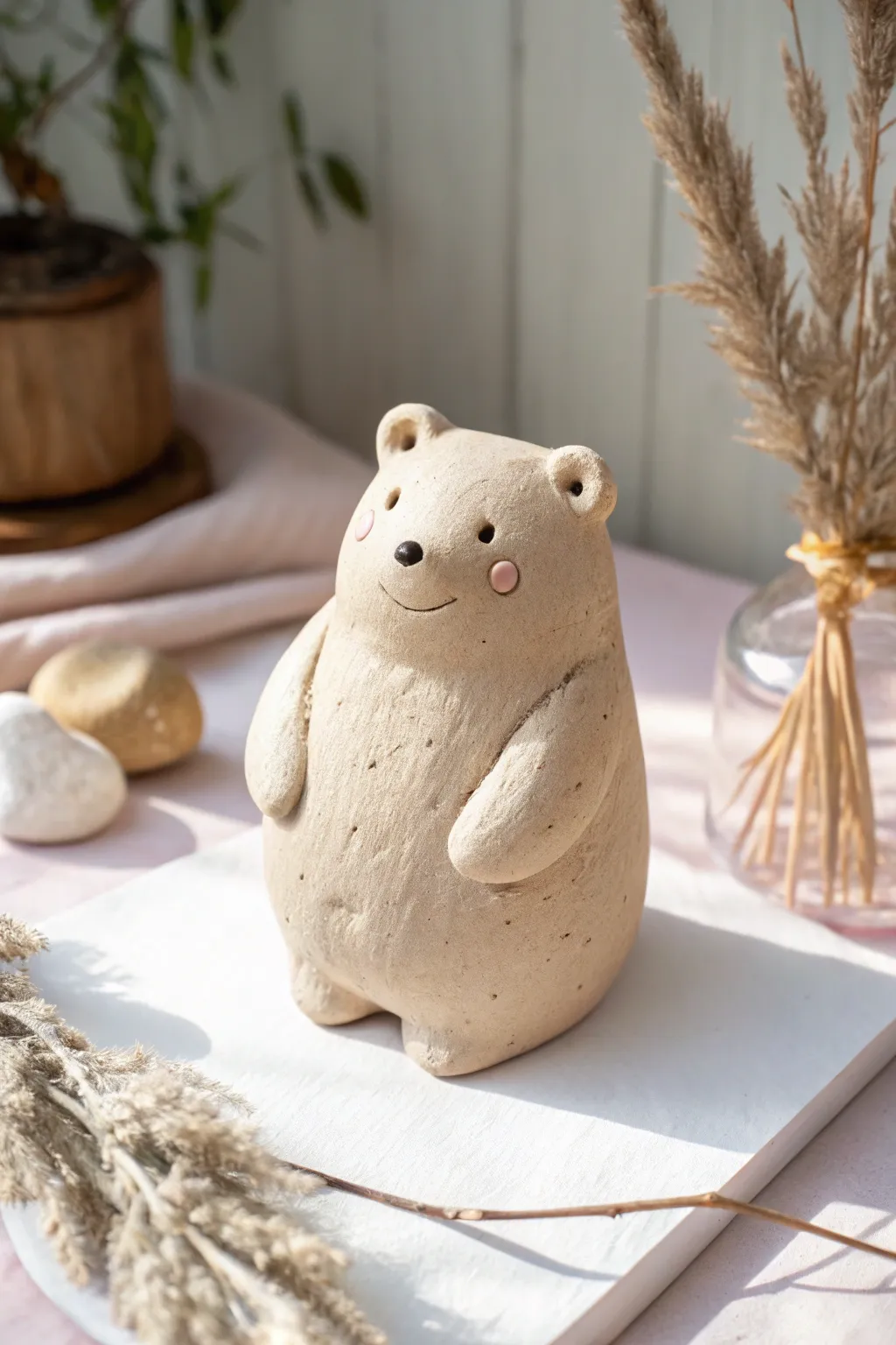 Beginner-friendly chubby clay bear figurine with simple face, soft matte finish, and cozy minimal style