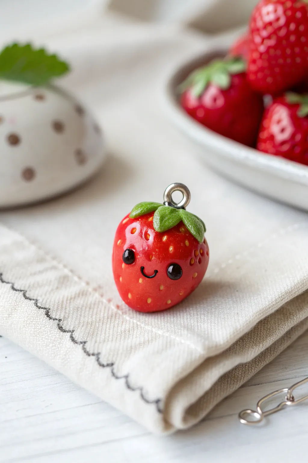 Glossy kawaii strawberry polymer clay charm, minimal Scandinavian styling with a soft boho vibe