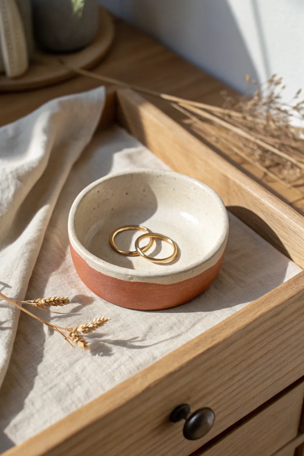 Minimal two-tone air-dry clay pinch dish for rings and tiny treasures, simple and serene