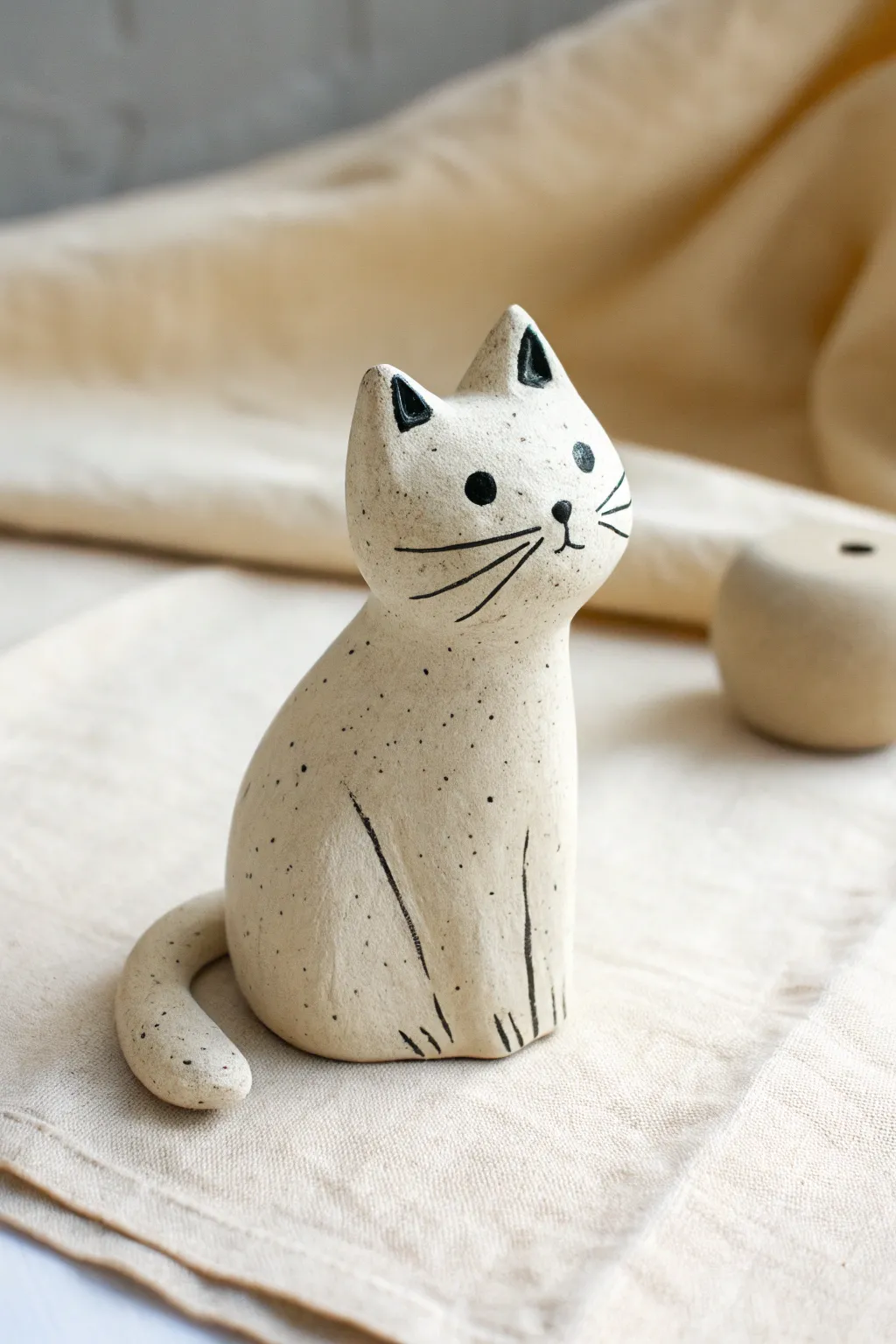Simple dot-eyed clay cat with a curled tail, minimalist and cozy in a calm neutral setting