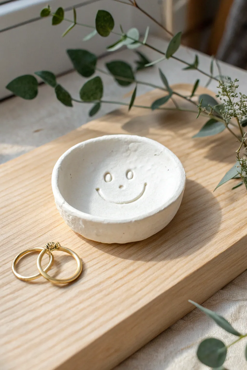 Minimal smiley pinch-pot trinket dish in white clay, styled simply with a gold ring.
