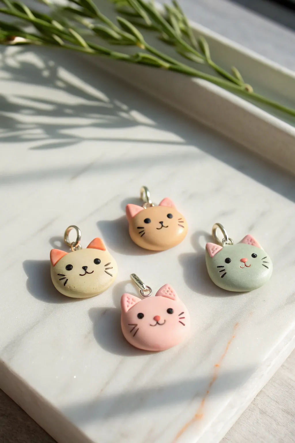 Three mini clay cat head charms in soft pastels, minimalist and sweet with clean contrast