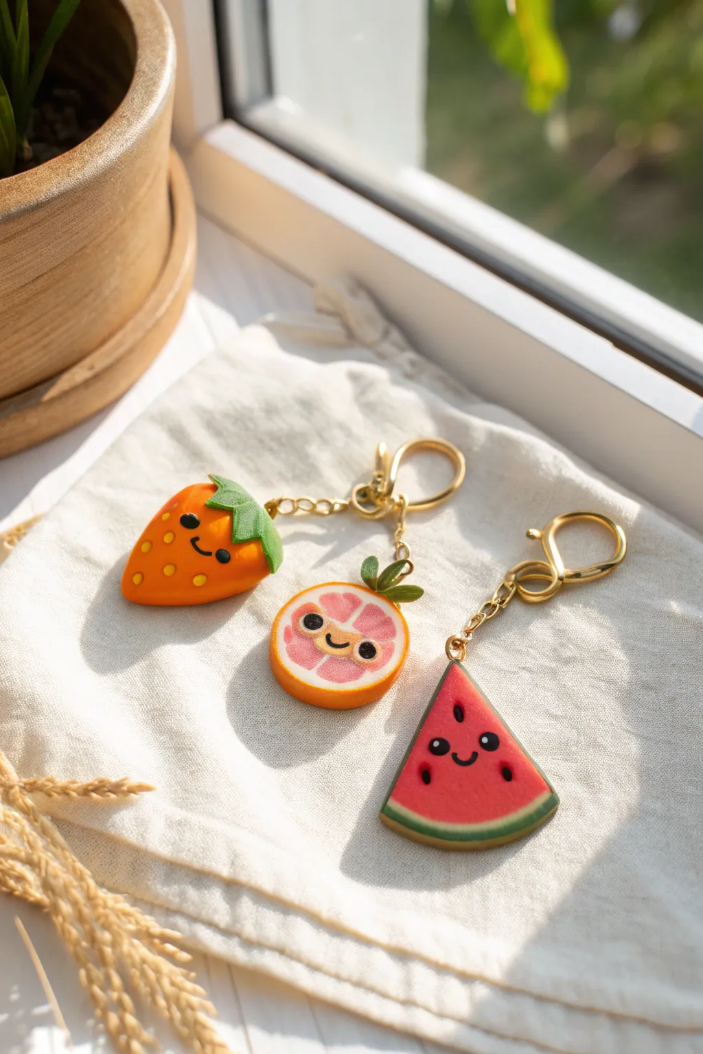 Sweet kawaii fruit slice charm trio in pastel clay, styled minimalist on a bright high-contrast backdrop