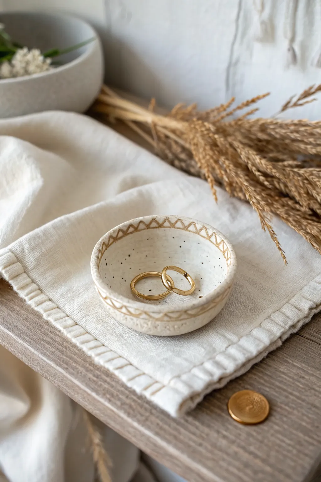 Mini pinch pot trinket dish with soft stamped texture, holding rings on a serene nightstand.