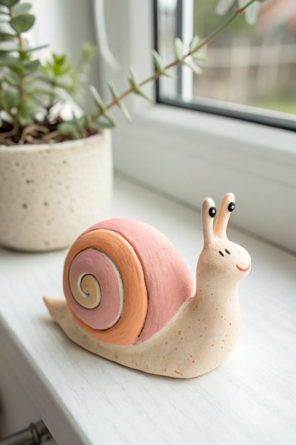 Adorable pastel clay snail with a simple spiral shell, perfect for easy kid friendly crafting