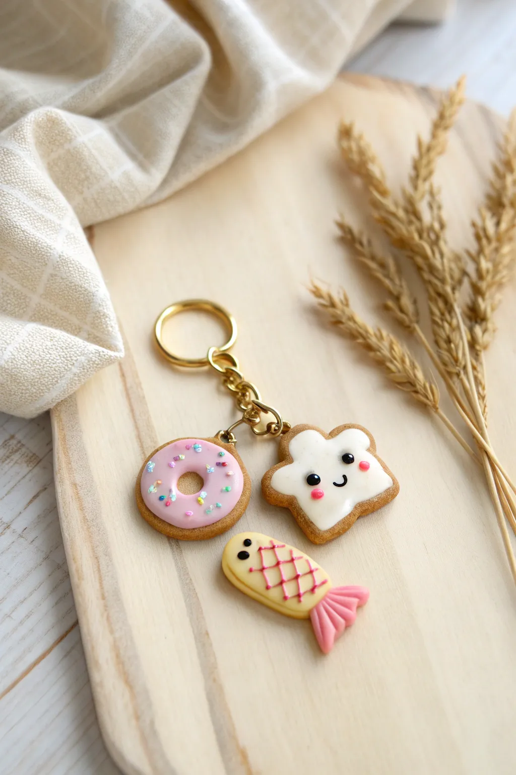 Cheerful mini food clay charm trio with sweet faces, perfect for easy, cute DIY gifts.