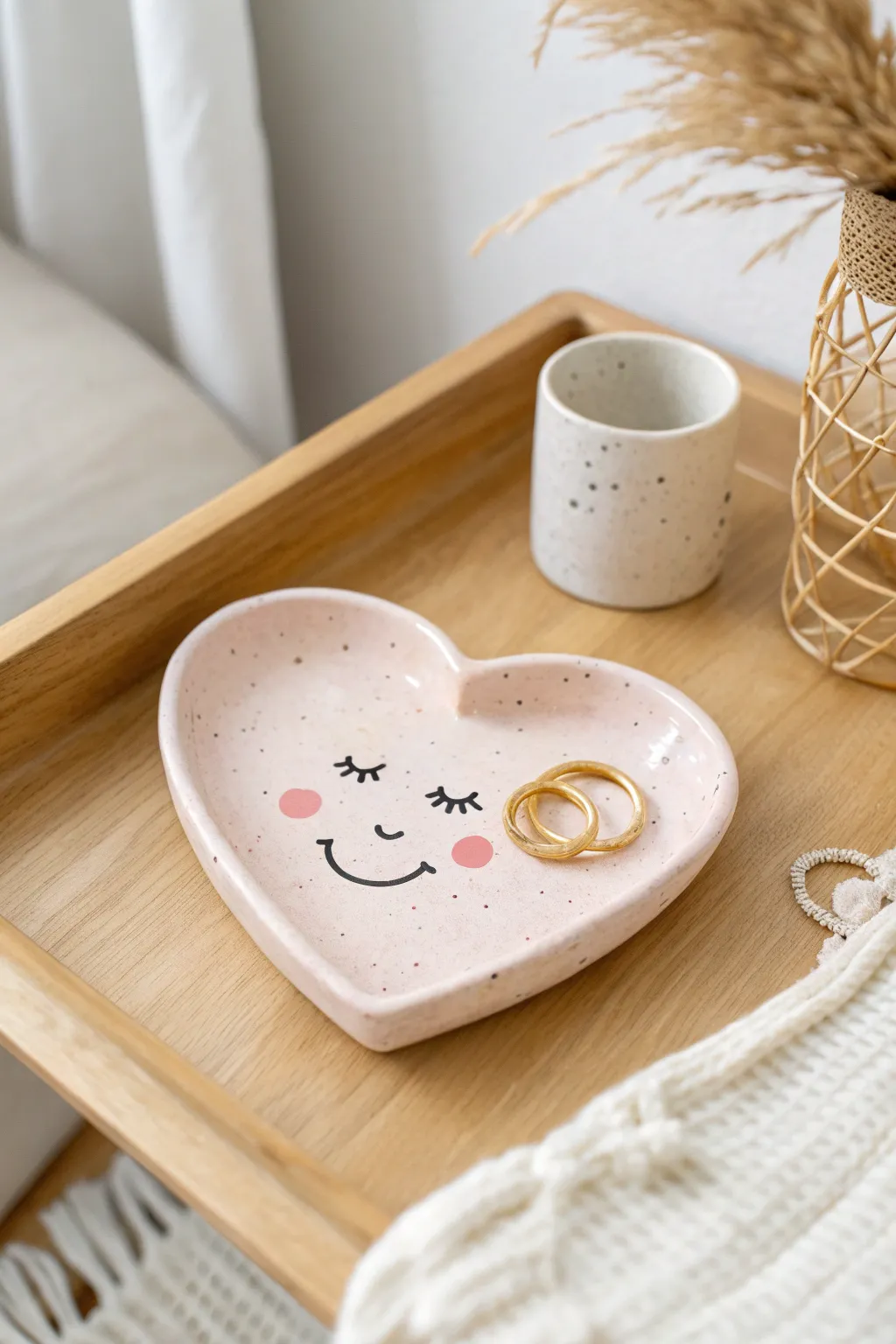 Tiny pastel heart tray with a sweet smiley, keeping rings tidy in minimalist boho style.