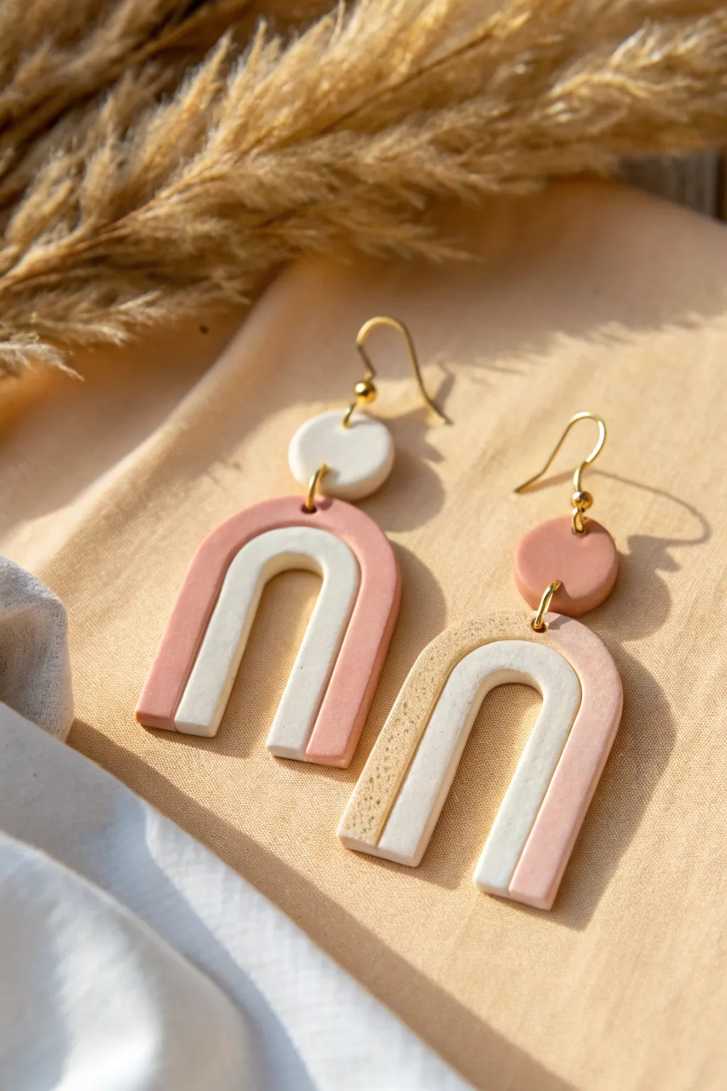 Minimal arch polymer clay earrings with simple cutouts, clean lines, and soft boho warmth