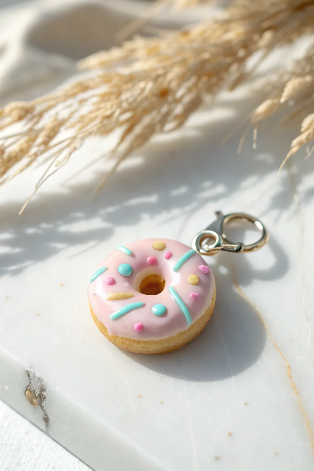 Sweet mini polymer clay donut charm with bright icing swirl, perfect easy craft for kids