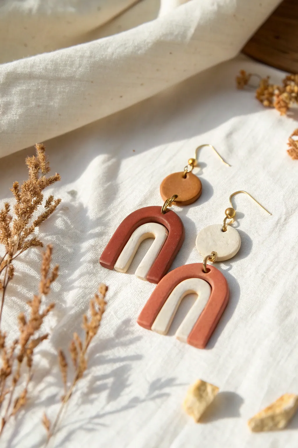 Warm neutral polymer clay arch dangles with simple gold findings in a clean minimalist flat lay.