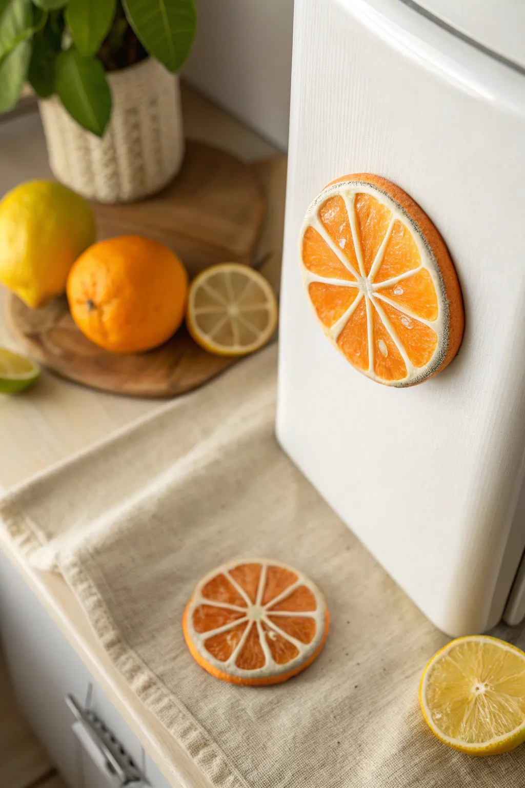 Mini citrus slice polymer clay magnet brings fresh color to a minimalist fridge, handmade charm.