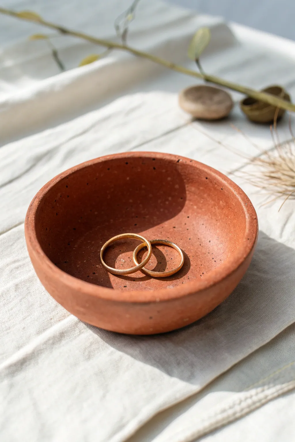 A simple red clay pinch pot trinket bowl, styled with rings for a calm minimalist look.