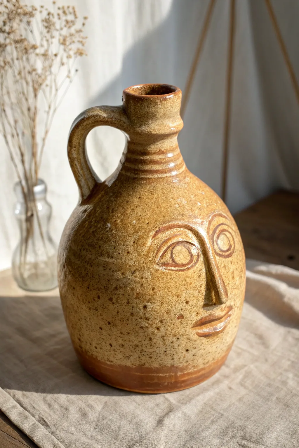 Rustic folk face jug with earthy glaze and carved features, imperfect and quietly charming.