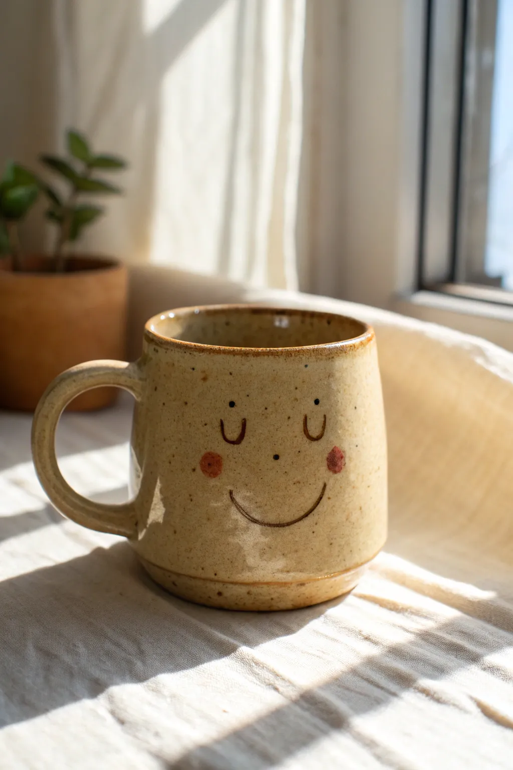 Classic smiley face mug in warm neutral glaze, simple and cozy for beginner potters.