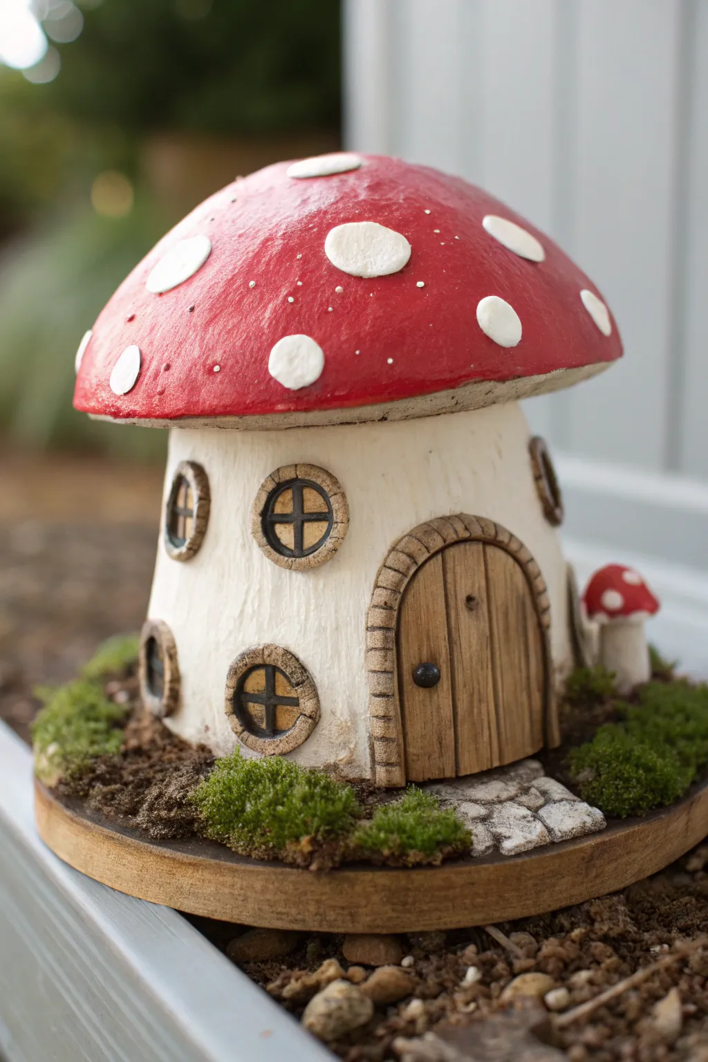 Classic red toadstool fairy house in clay, nestled on moss for simple woodland magic.