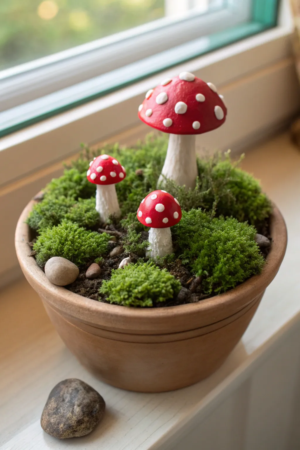 Mini clay toadstools in mossy pot, bright red caps and sweet fairy garden charm