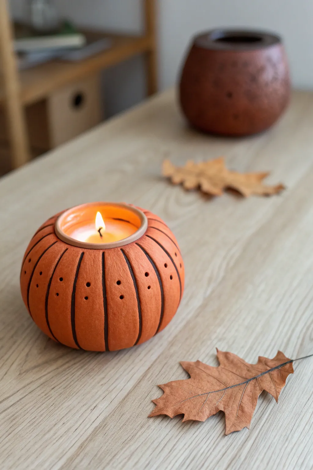 Matte burnt orange clay pumpkin tealight holder glowing warmly on a minimalist autumn table