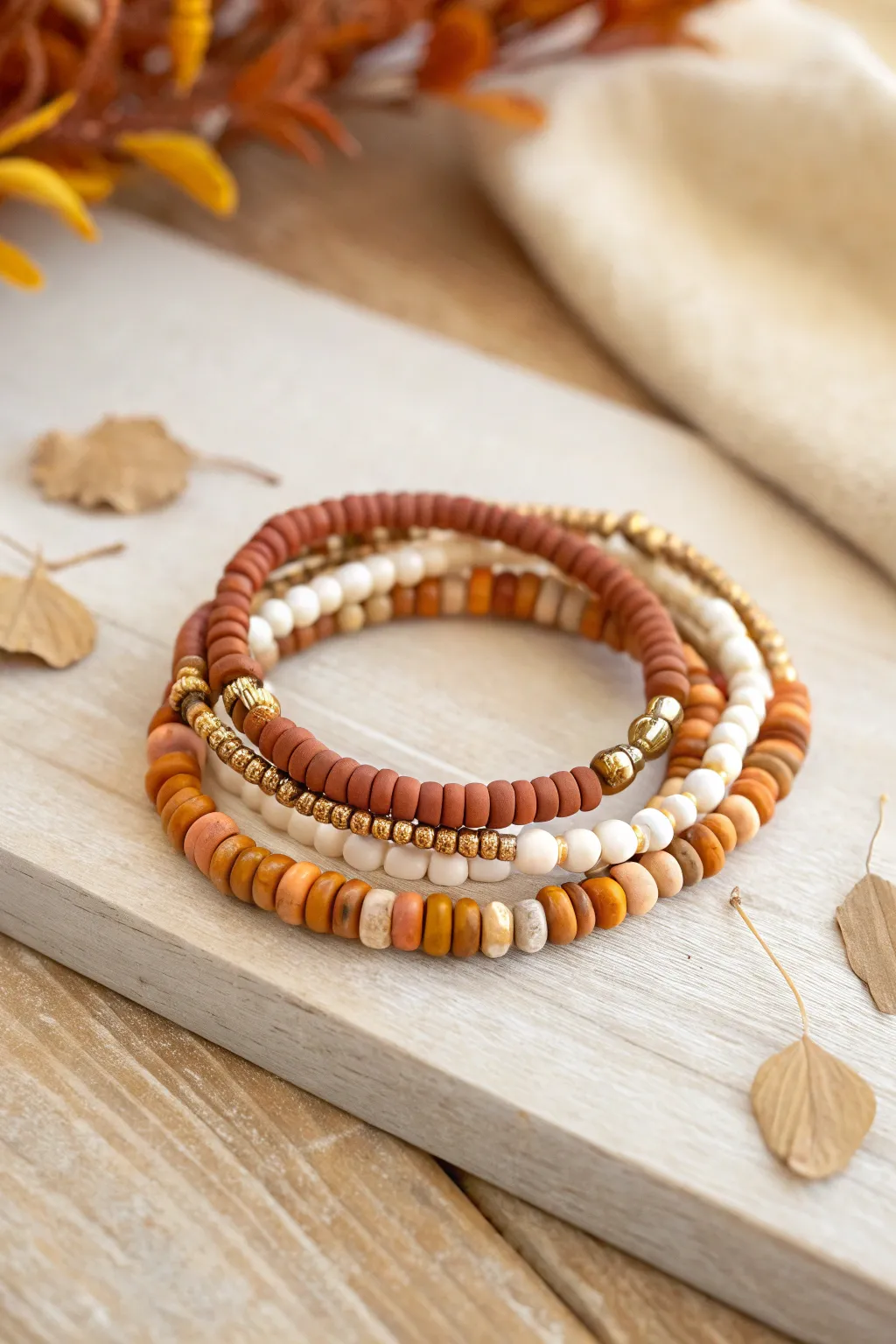 Classic pumpkin spice heishi stack in terracotta, cream, mustard, and warm brown with gold spacers.