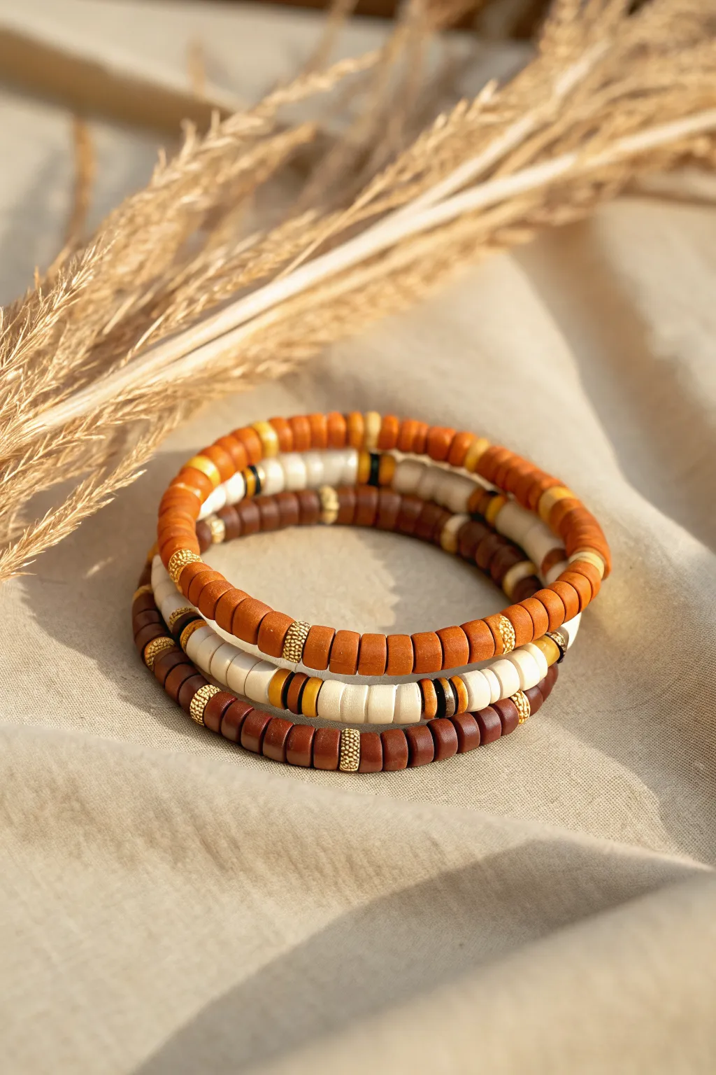 Cozy fall heishi stack in burnt orange, mustard, cream, and cocoa for effortless seasonal style.
