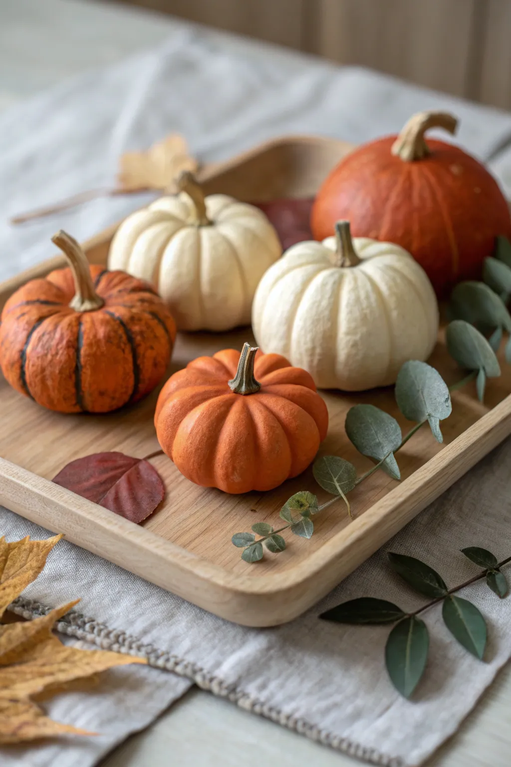 Mini clay pumpkins in warm neutrals on a wooden tray for a cozy, minimalist fall look