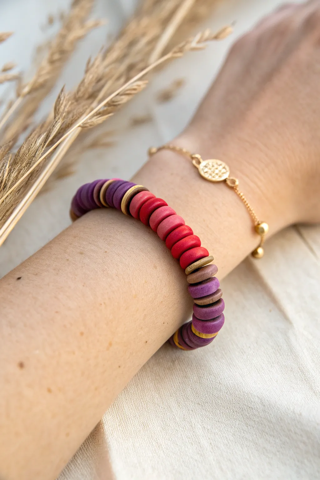 Classic rainbow flat clay bead bracelet with gold spacers on a neutral minimalist backdrop