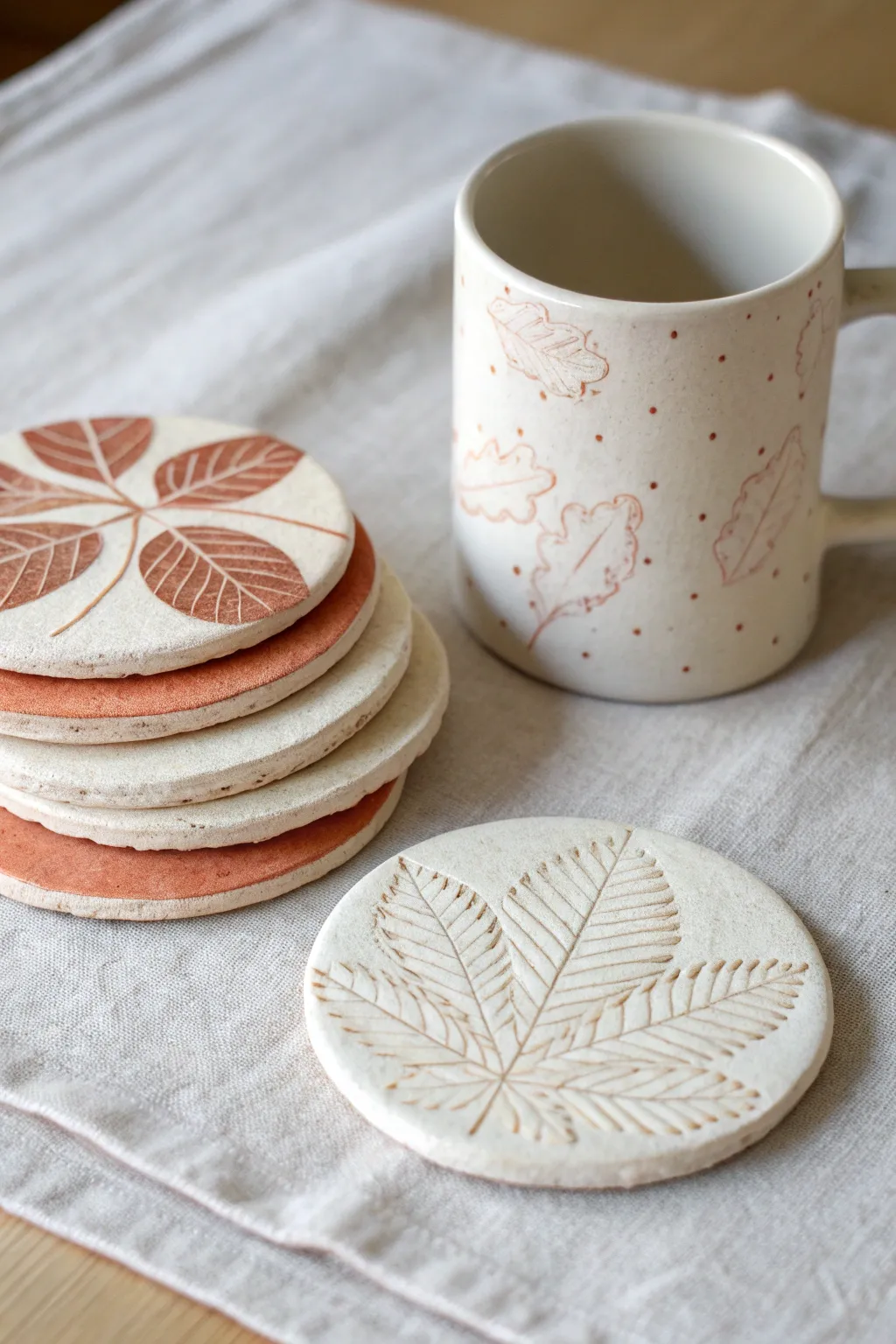 Texture-stamped clay coasters stacked neatly, showing lace, leaf, and geometric imprints.