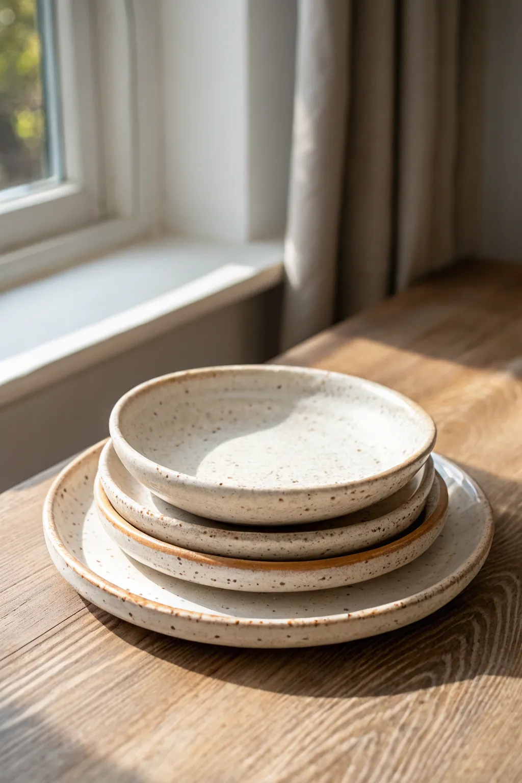 Classic slab plates with soft lifted rims, stacked simply to highlight clean lines and texture.
