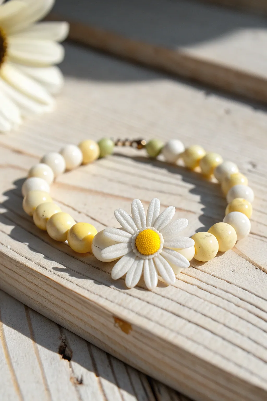Classic daisy clay bead bracelet in white and buttery yellow, simple Scandinavian charm.