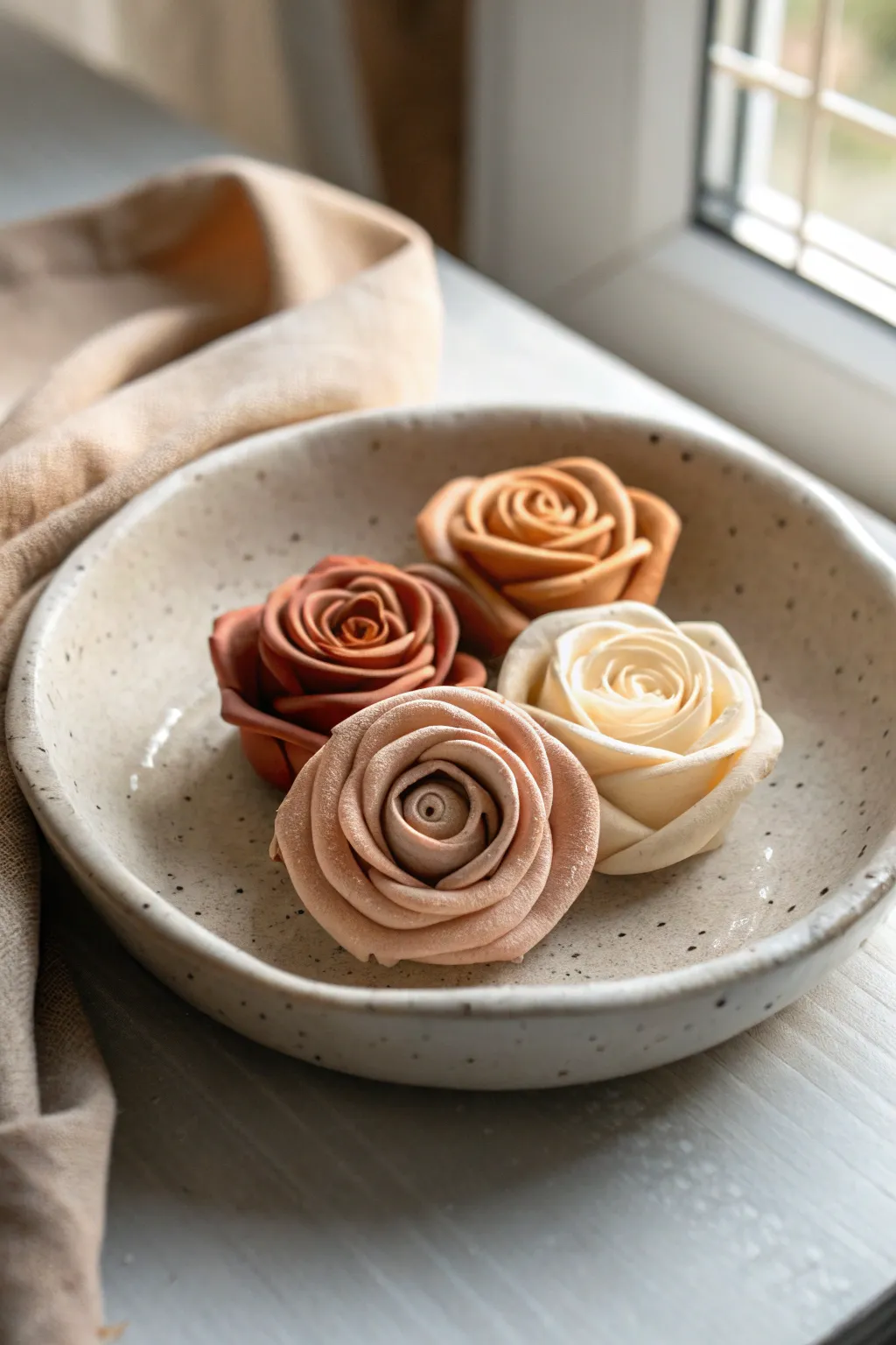Classic rolled-petal clay roses in soft blush, ivory, and terracotta on a minimal dish.