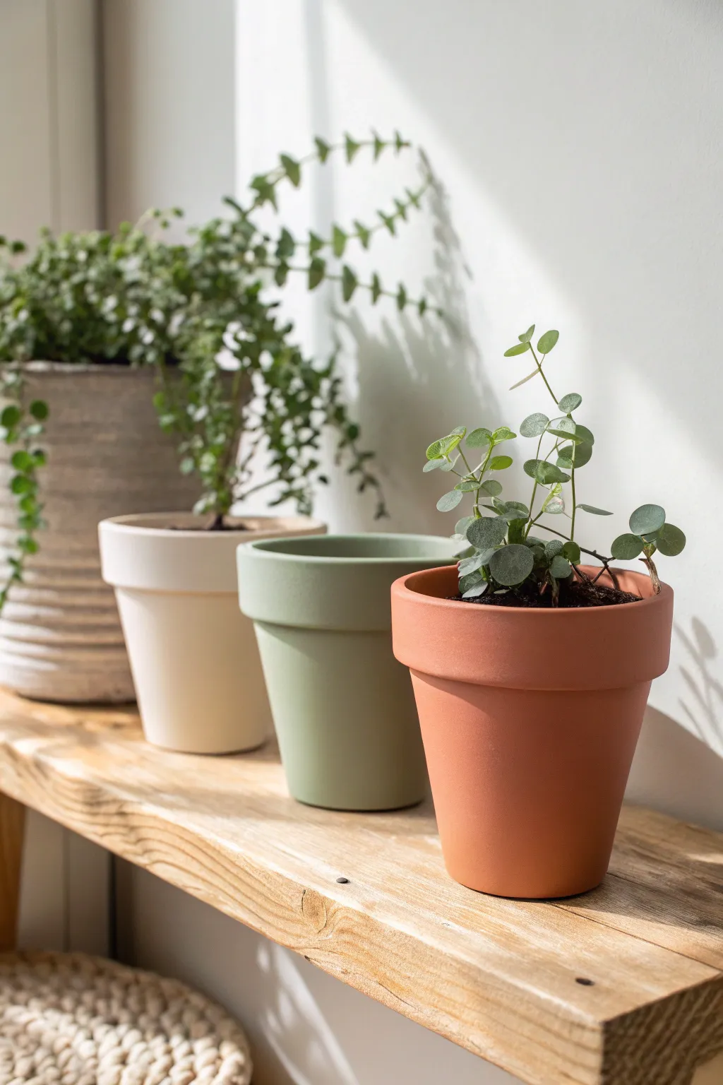 Classic matte painted pots in soft neutrals, styled simply for a calm Scandinavian look