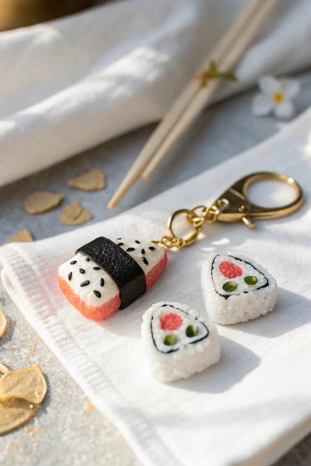 Mini faux sushi and onigiri foam clay charms in soft neutrals, perfect cute handmade accessories.