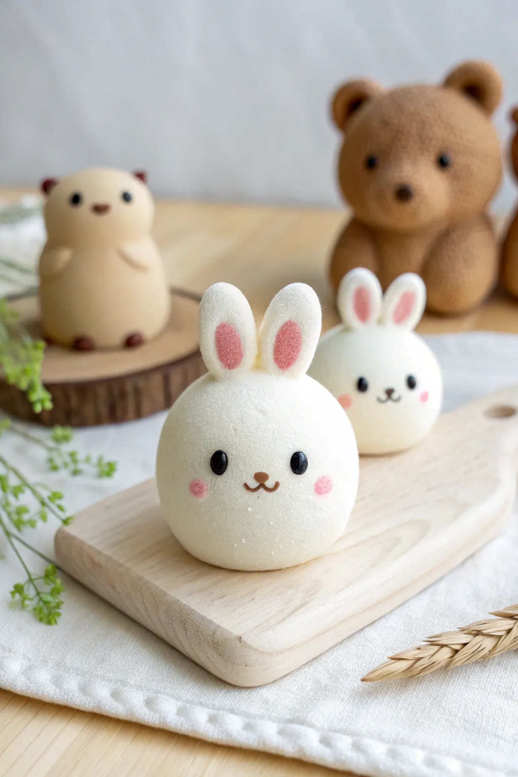 Round foam clay bunny figurine with dot eyes, beginner-friendly and styled in soft minimalist tones