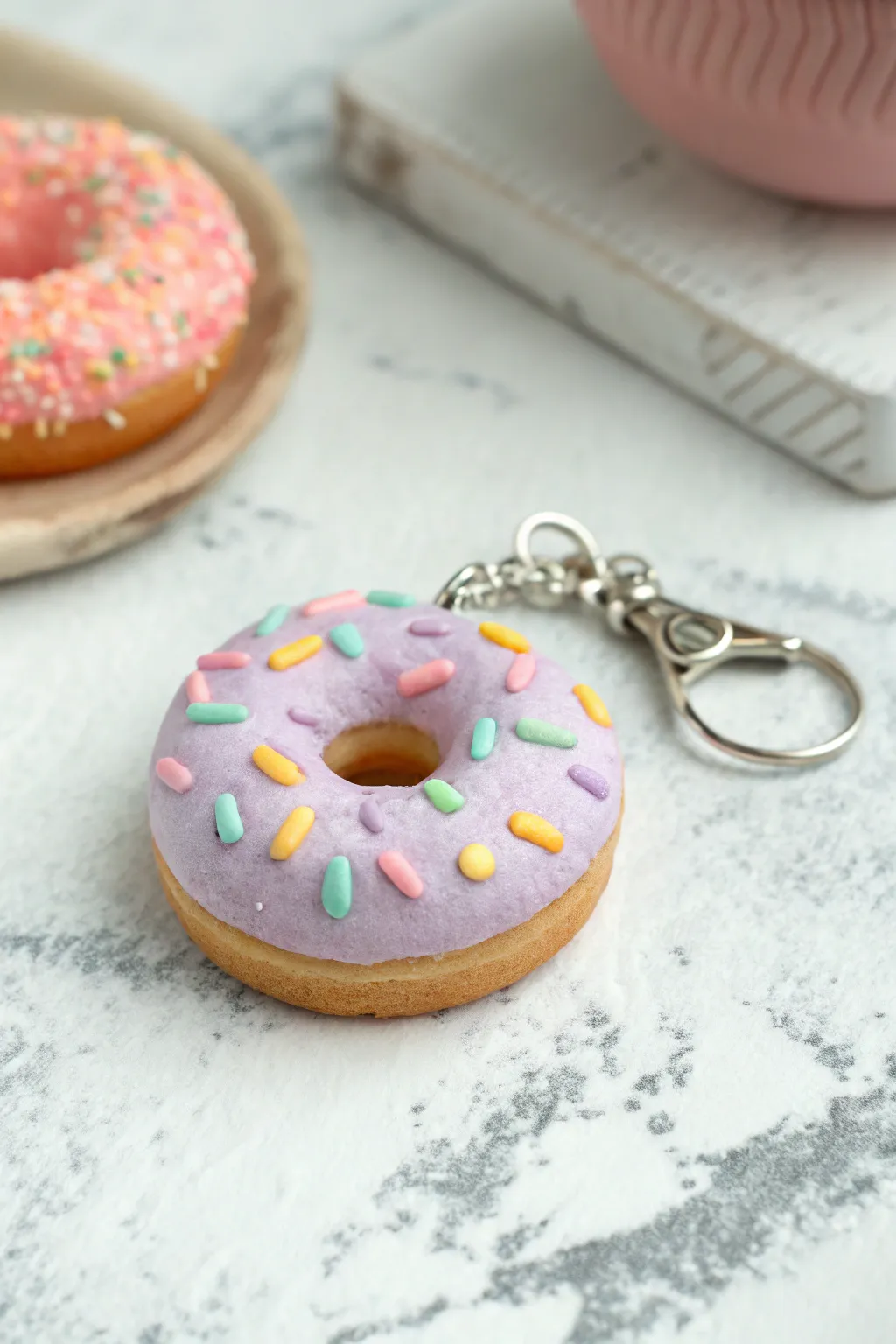 Kawaii donut foam clay keychain with pastel frosting and chunky sprinkles, cute and minimal.