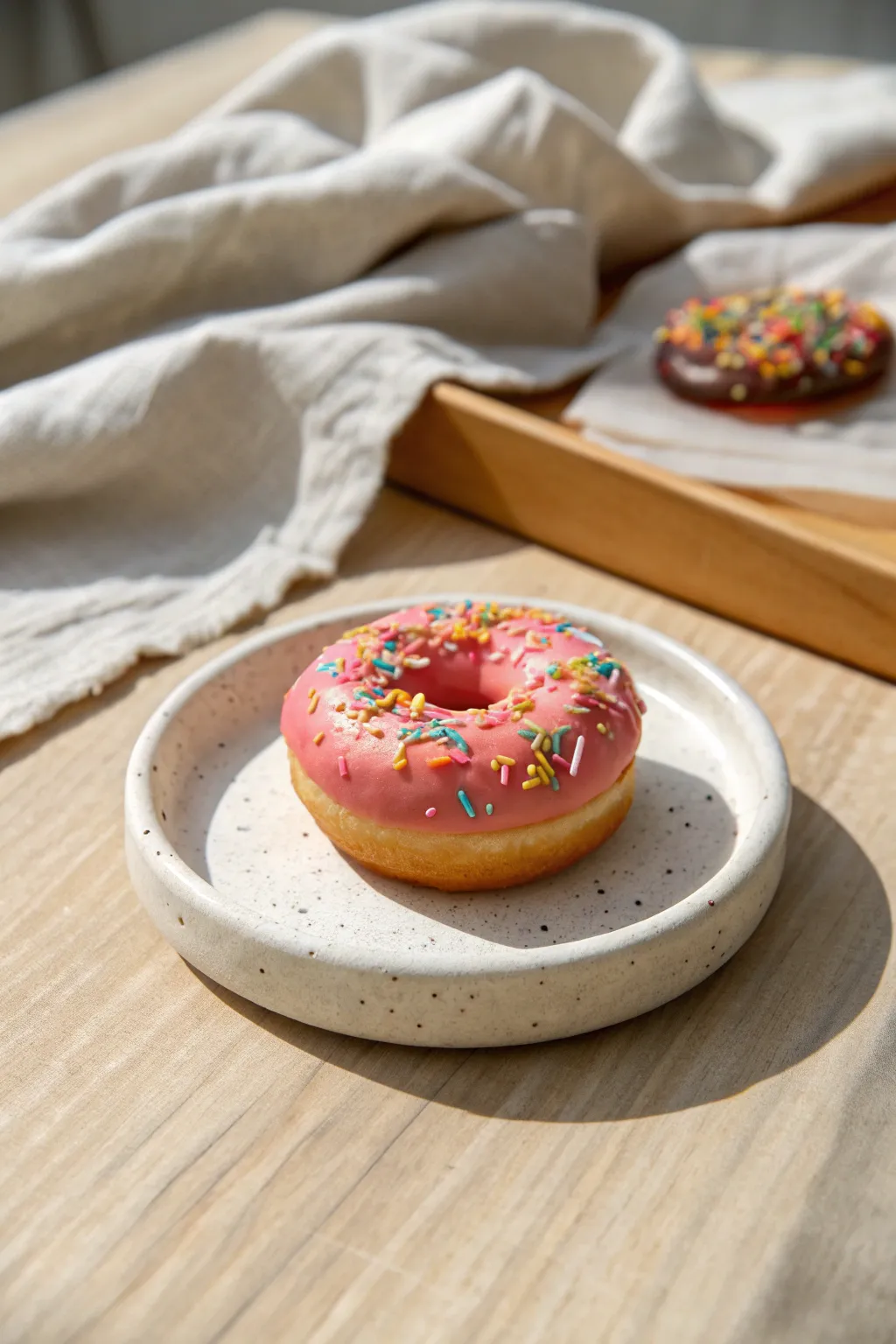 Mini clay donut with chunky sprinkles, sweet pastel glaze and cozy minimalist styling.